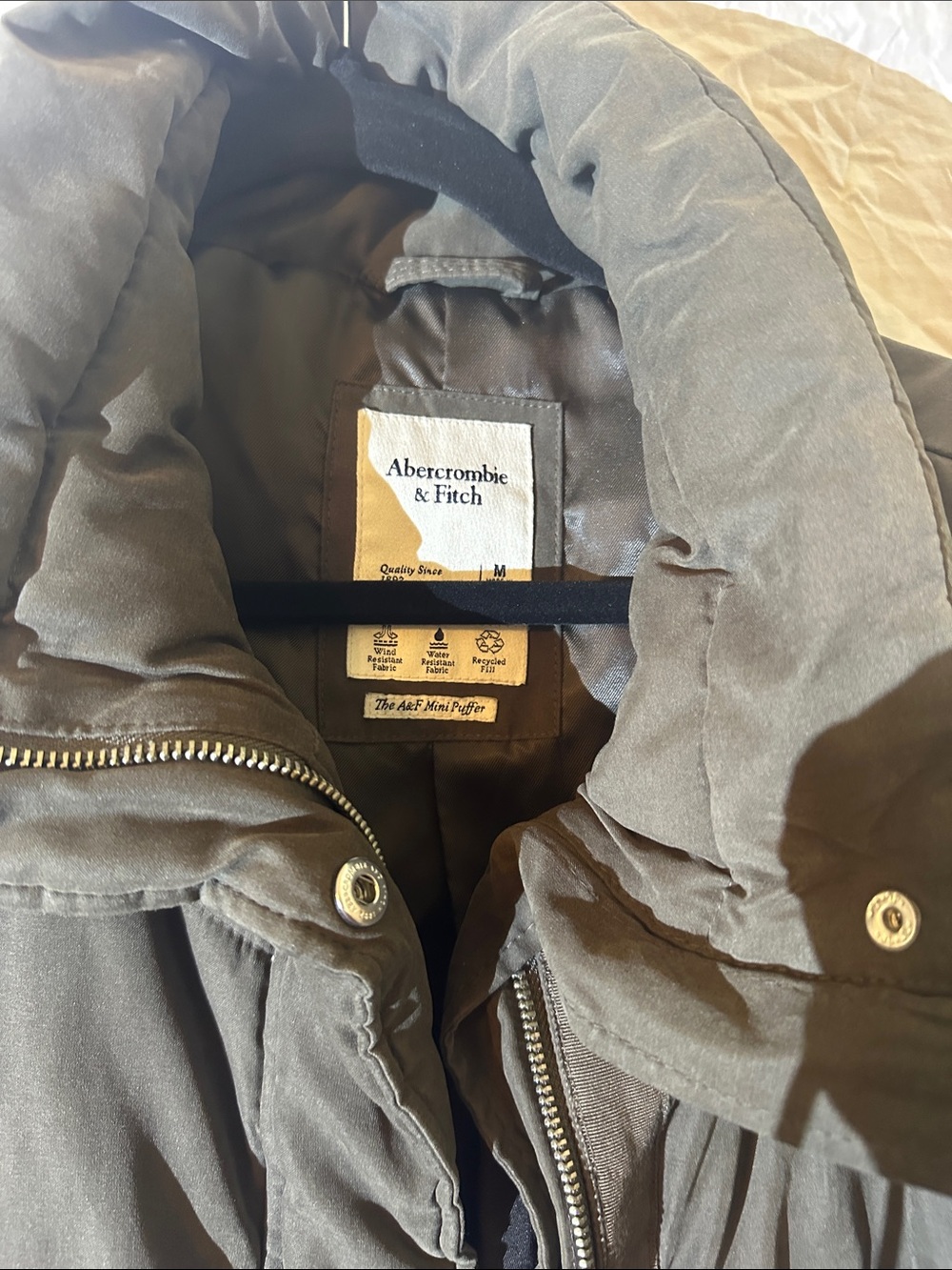 Abercrombie & Fitch Olive Brown Puffer Jacket with High Collar - Picture 2 of 3